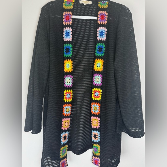 Rebellion Sweaters - Rebellion Crochet Cardigan Black Granny Square Open Knit XL Boho